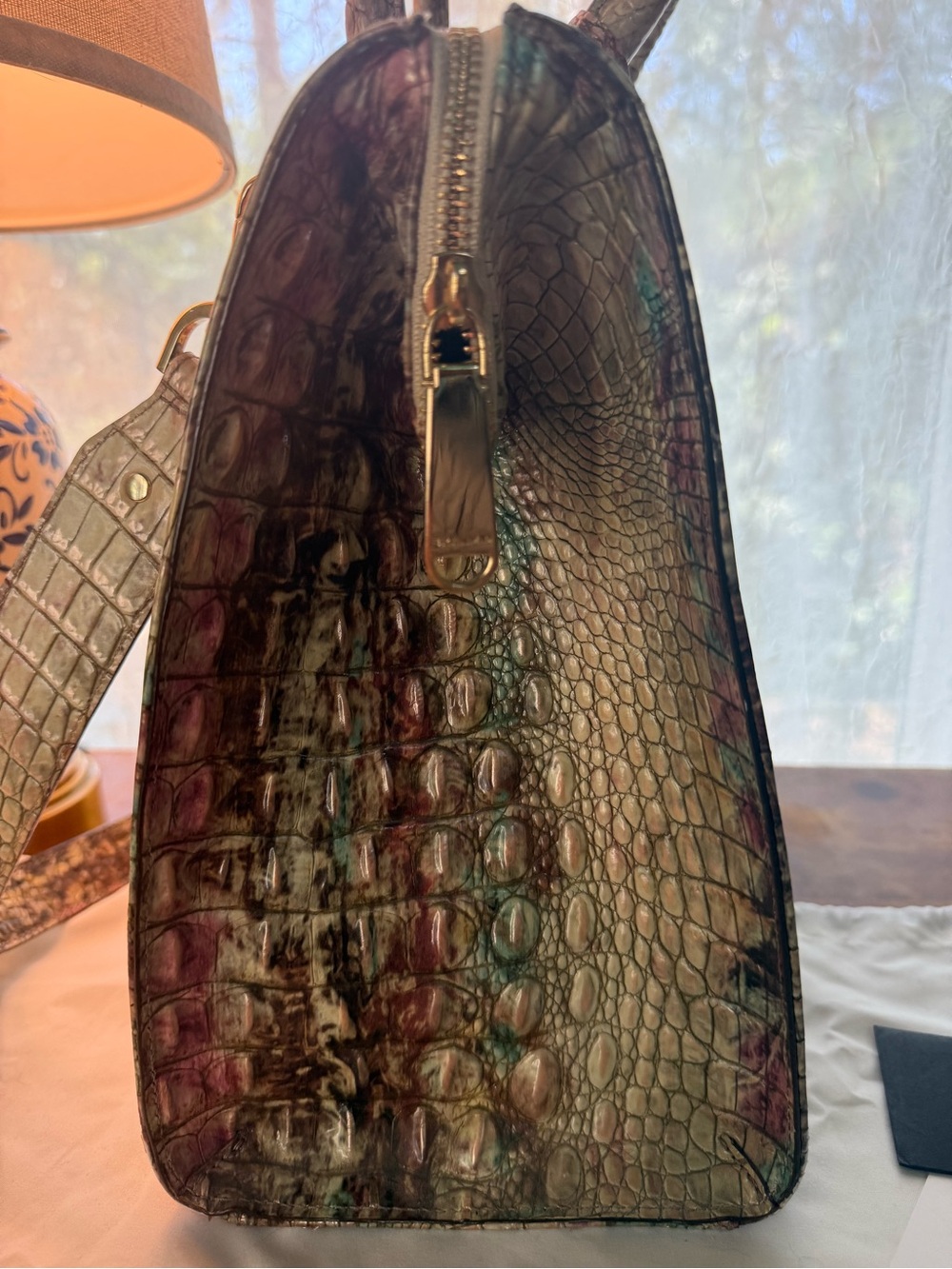 Brahmin Green and Mauve Croc-Embossed Satchel - Picture 6 of 13